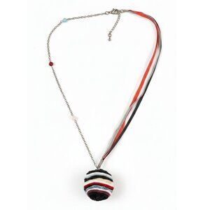 Handmade long necklace with fabric pompom ribbons and beads red blue white black